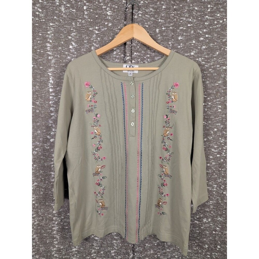 C&K Designs Embroidered Owls Pintuck Green Top Cottagecore‎ Popover Style Sz M